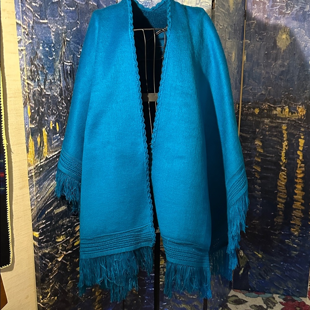 Brand New Blue Fringed opera cape shawl  thick warm Ecuadorian Aqua Turquoise